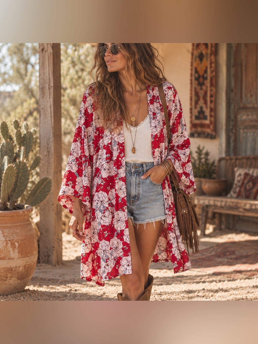 Knox Rose Womens Kimono Sz M L Red Floral Boho Open Front Duster Jacket Wrap